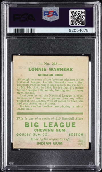 1933 Goudey Lonnie Warneke No. 203 PSA 3