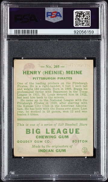 1933 Goudey Heinie Meine No. 205 PSA 4