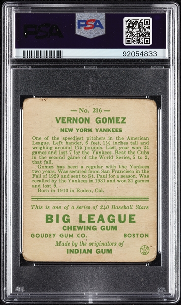 1933 Goudey Vernon Gomez No. 216 PSA 1