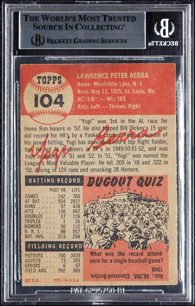 Yogi Berra Signed 1953 Topps No. 104 (BAS)