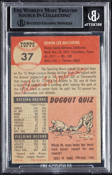 Eddie Mathews Signed 1953 Topps No. 37 (BAS)