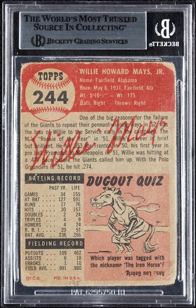 Willie Mays Signed 1953 Topps No. 244 (BAS)