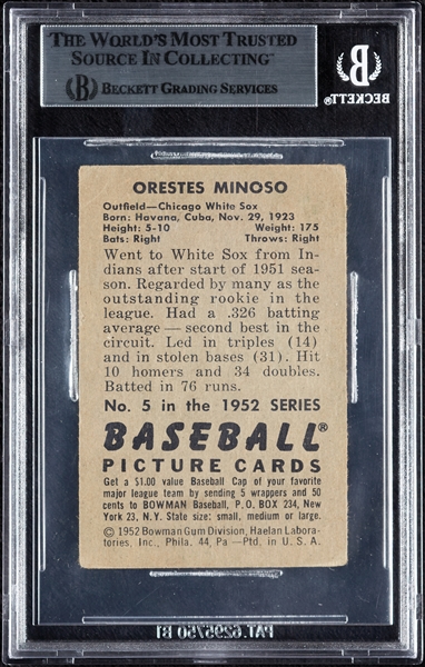 Minnie Minoso Signed 1952 Bowman RC No. 5 (BAS)