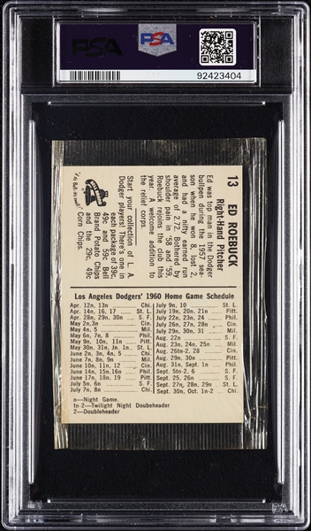 1960 Bell Brand Dodgers Cello Pack - Ed Roebuck (Graded PSA 6)