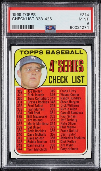 1969 Topps Checklist 328-425 No. 314 PSA 9