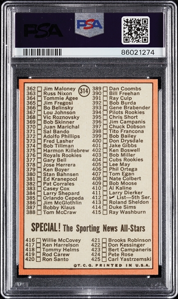 1969 Topps Checklist 328-425 No. 314 PSA 9