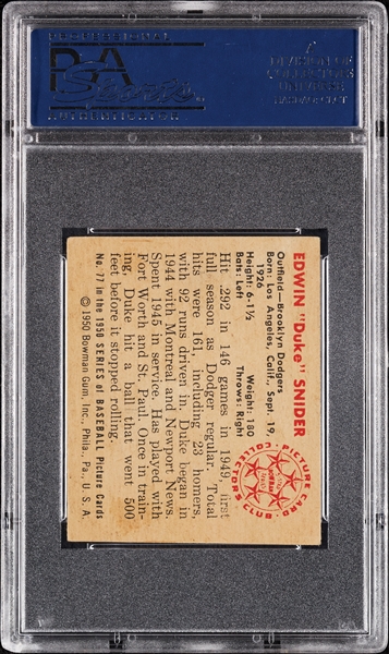 Duke Snider Signed 1950 Bowman No. 77 (PSA/DNA)