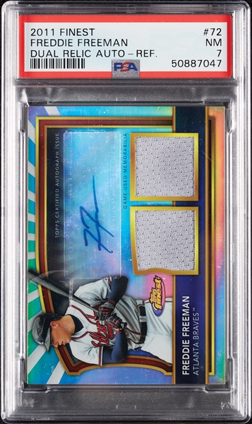 2011 Finest Freddie Freeman Dual Relic Autograph Refractor No. 72 (404/499) PSA 7