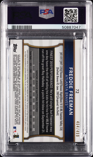 2011 Finest Freddie Freeman Dual Relic Autograph Refractor No. 72 (404/499) PSA 7