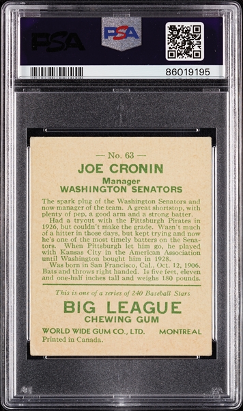 1933 World Wide Gum Joe Cronin No. 63 PSA 1.5