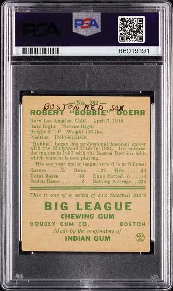 1938 Goudey Bobby Doerr No. 282 PSA 3 (MK)