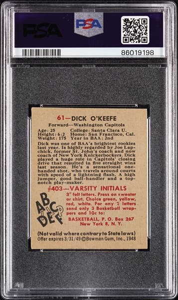 1948 Bowman Dick O'Keefe No Red Ink On Front No. 61 PSA 5