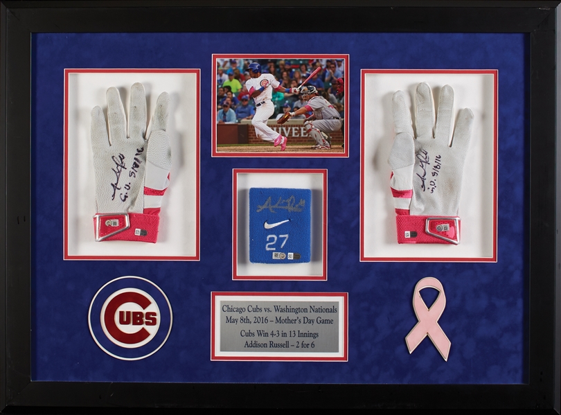 Addison Russell 2016 Mother's Day Game-Used & Signed Batting Gloves and Wristband (MLB) (Fanatics)