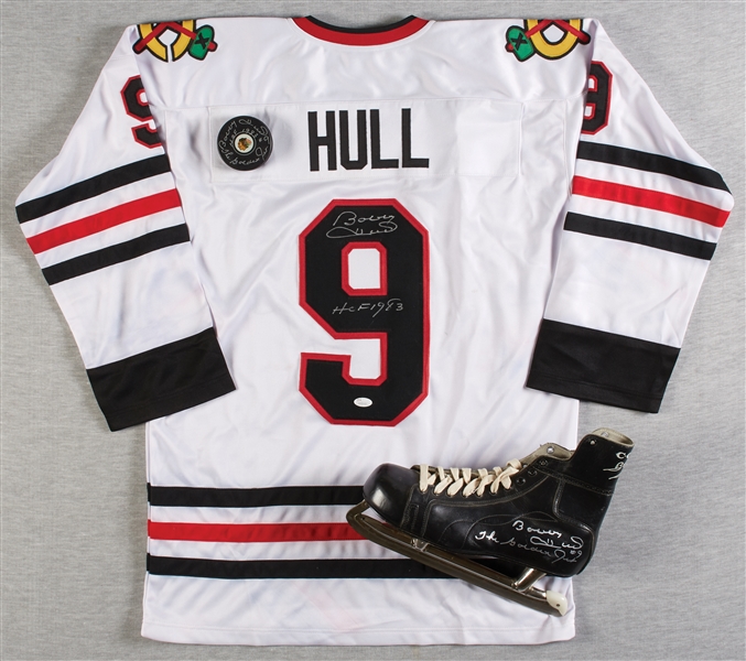 Bobby Hull Signed Hockey Skate, Jersey & Puck Combo (3)