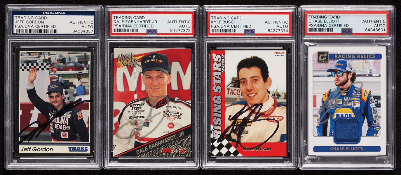 Jeff Gordon, Dale Earnhardt Jr., Kyle Busch & Chase Elliott Signed Trading Cards (PSA/DNA) (4)