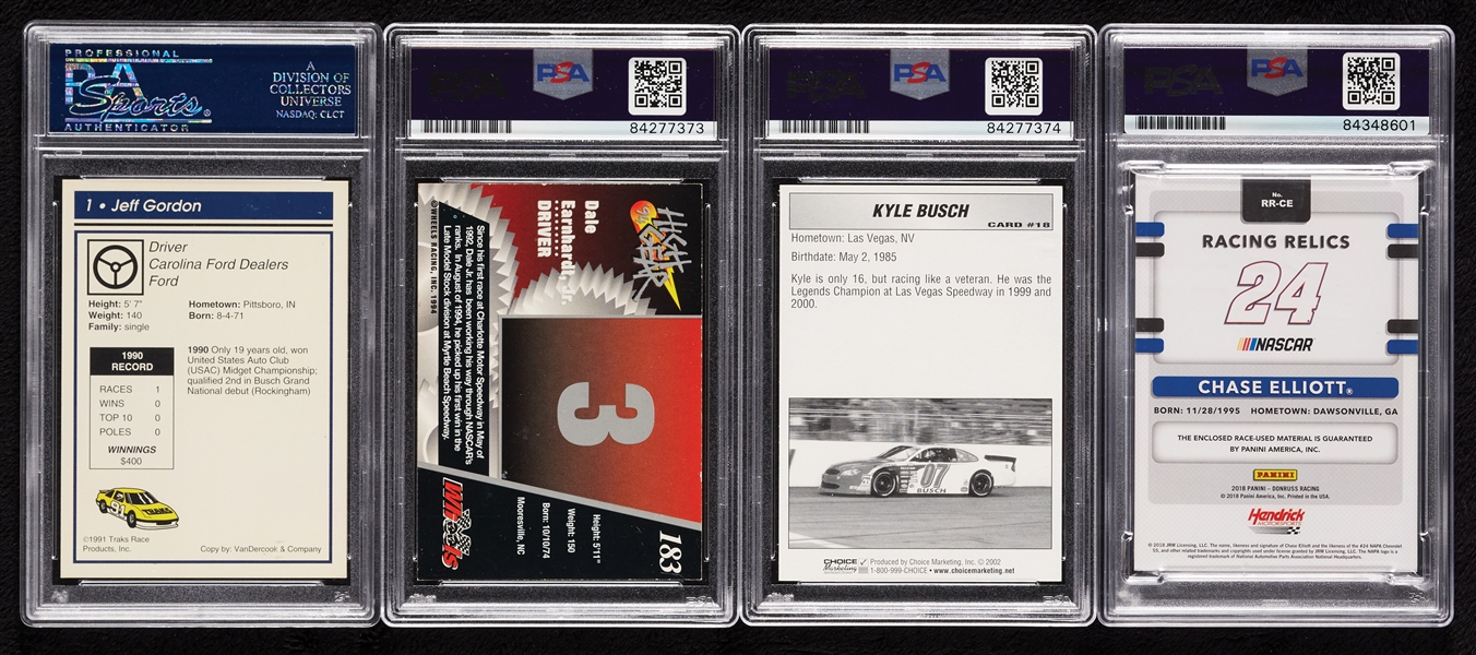 Jeff Gordon, Dale Earnhardt Jr., Kyle Busch & Chase Elliott Signed Trading Cards (PSA/DNA) (4)