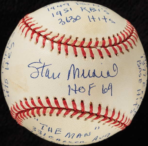 Stan Musial Single-Signed STAT ONL Baseball with 20 Inscriptions HOF 69 (797/1000) (Reggie Hologram)