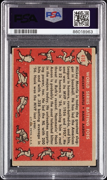 1957 Topps World Series Batting Foes Mickey Mantle & Hank Aaron No. 418 PSA 2