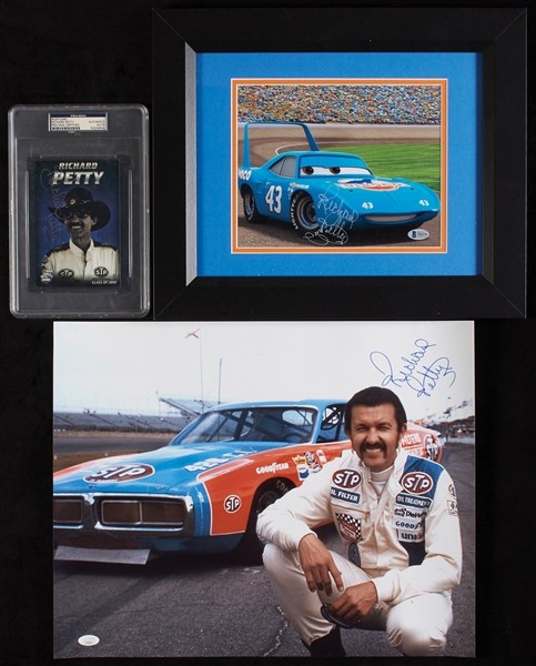 Richard Petty Signed Photos & Postcard Trio (JSA) (BAS) (PSA/DNA) (3)