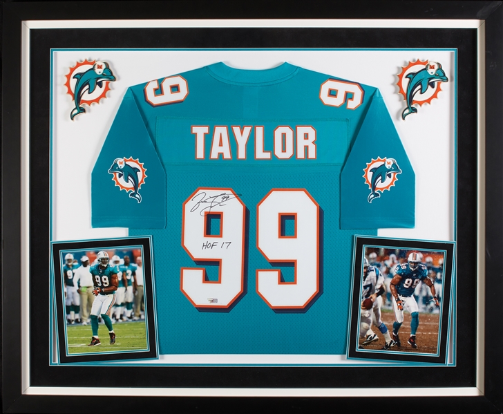 Jason Taylor Signed Dolphins Framed Jersey Inscribed HOF 17 (Fanatics)