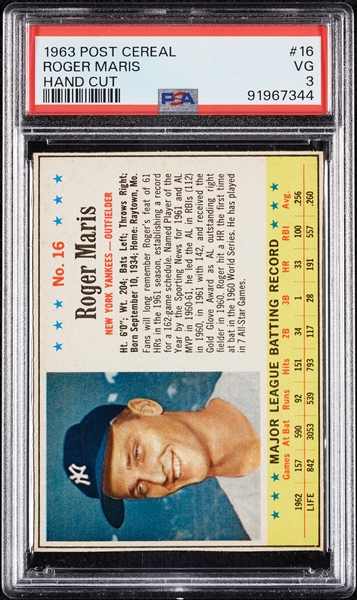 1963 Post Cereal Roger Maris Hand-Cut No. 16 PSA 3