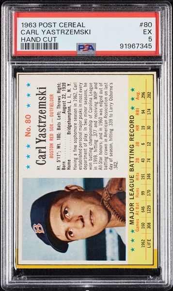 1963 Post Cereal Carl Yastrzemski Hand-Cut No. 80 PSA 5