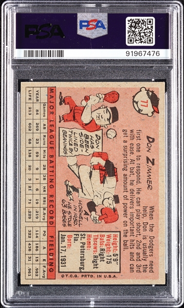 1958 Topps Don Zimmer Yellow Team Letters No. 77 PSA 7