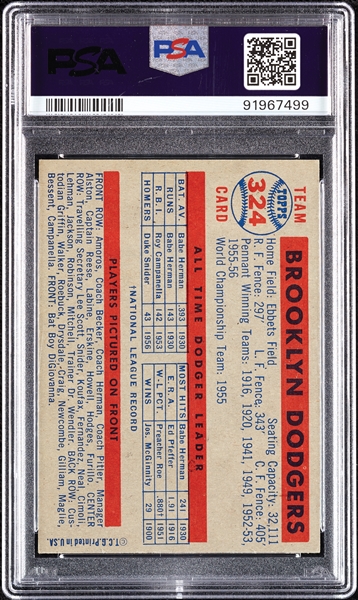 1957 Topps Dodgers Team No. 324 PSA 6