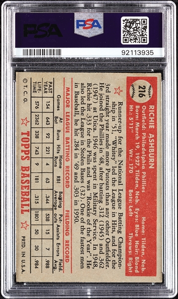 1952 Topps Richie Ashburn No. 216 PSA 4