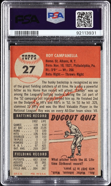 1953 Topps Roy Campanella No. 27 PSA 4