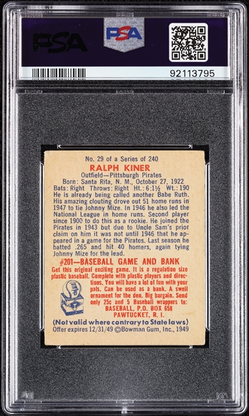 1949 Bowman Ralph Kiner No. 29 PSA 3