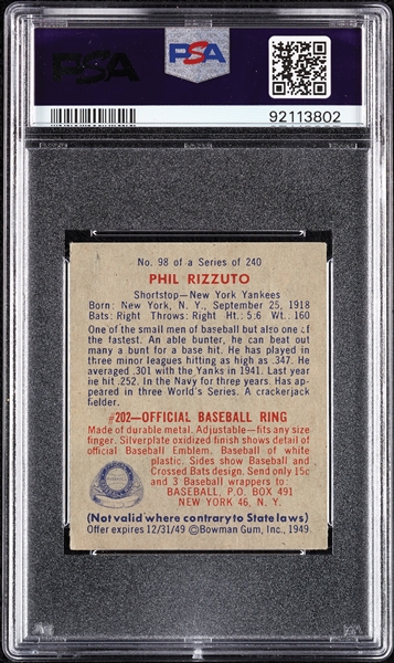 1949 Bowman Phil Rizzuto Name On Front No. 98 PSA 5