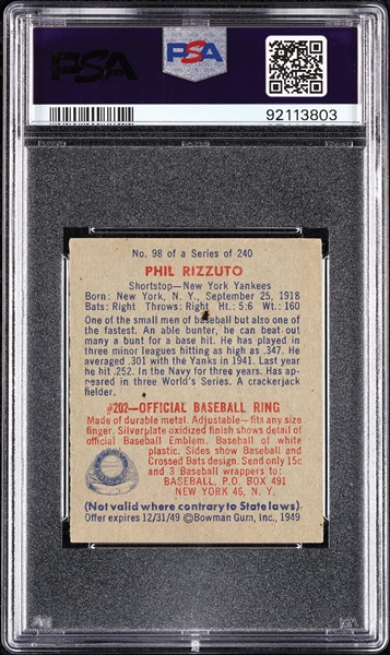 1949 Bowman Phil Rizzuto No Name On Front No. 98 PSA 4