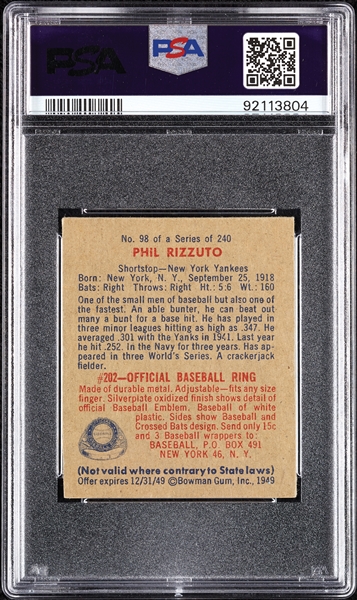 1949 Bowman Phil Rizzuto No Name On Front No. 98 PSA 5