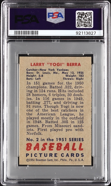 1951 Bowman Yogi Berra No. 2 PSA 5