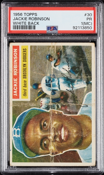 1956 Topps Jackie Robinson White Back No. 30 PSA 1 (MC)