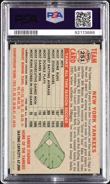 1956 Topps Yankees Team No. 251 PSA 6