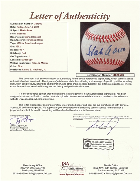 Hank Aaron Single-Signed OAL Baseball (JSA)