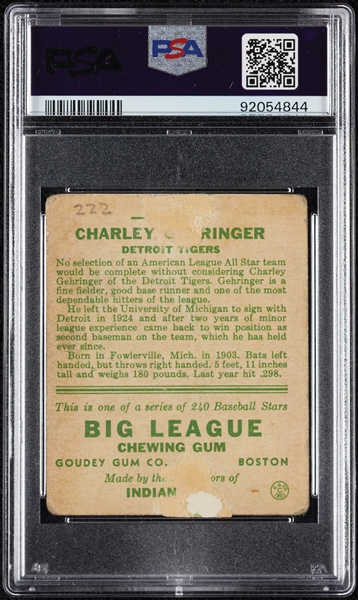 1933 Goudey Charlie Gehringer No. 222 PSA 1 (MK)