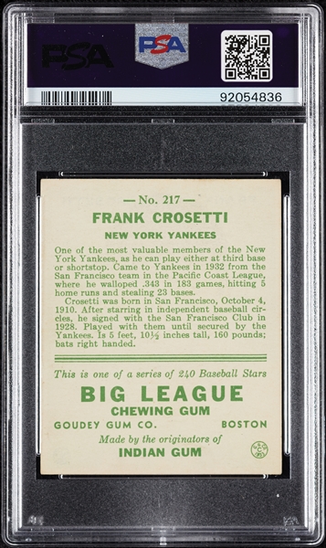 1933 Goudey Frank Crosetti No. 217 PSA 4