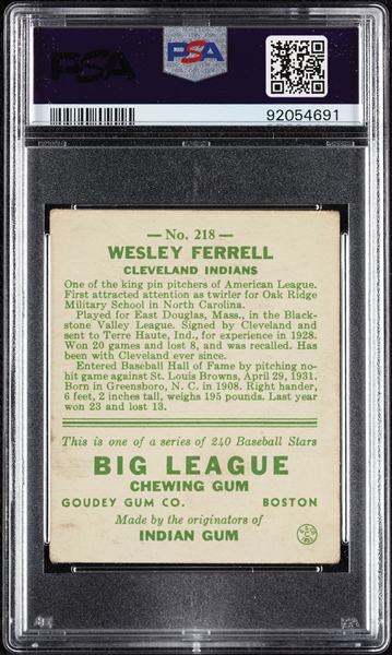 1933 Goudey Wesley Ferrell No. 218 PSA 2