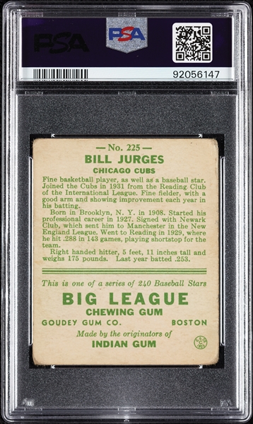 1933 Goudey Bill Jurges No. 225 PSA 1.5