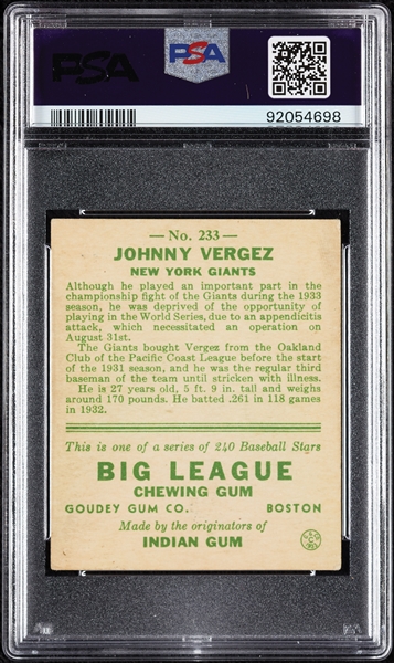 1933 Goudey Johnny Vergez No. 233 PSA 4.5