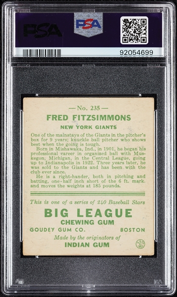 1933 Goudey Fred Fitzsimmons No. 235 PSA 4