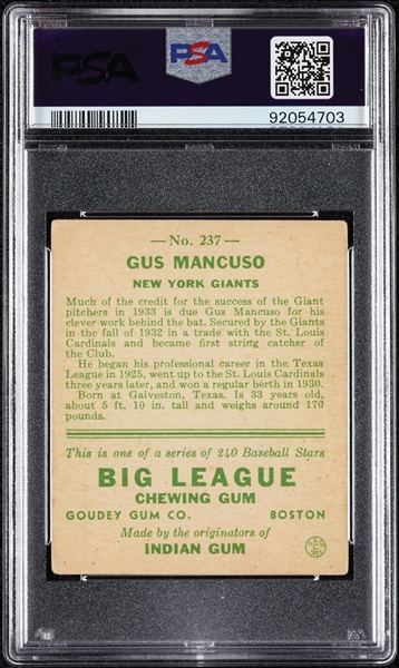 1933 Goudey Gus Mancuso No. 237 PSA 2