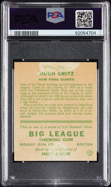 1933 Goudey Hugh Critz No. 238 PSA 2