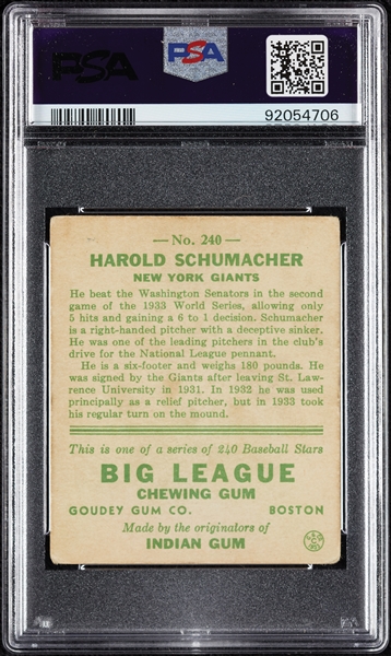 1933 Goudey Harold Schumacher No. 240 PSA 2