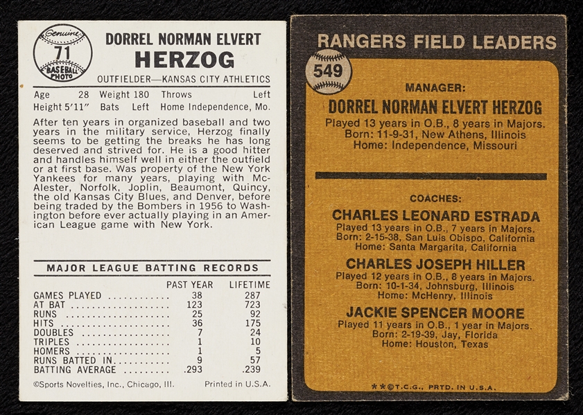 Whitey Herzog Signed 1960 Leaf & 1973 Topps Pair (2)