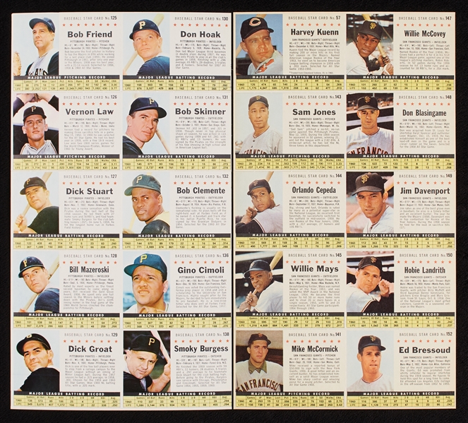 1961 Post Cereal Baseball Uncut Team Sheets Complete Set (16)