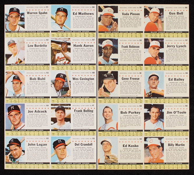 1961 Post Cereal Baseball Uncut Team Sheets Complete Set (16)